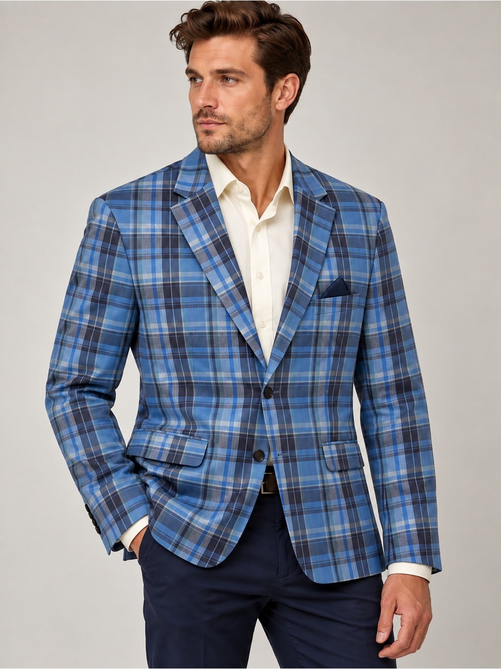 Ralph Lauren Blue Plaid Sport Coat with Navy Accents